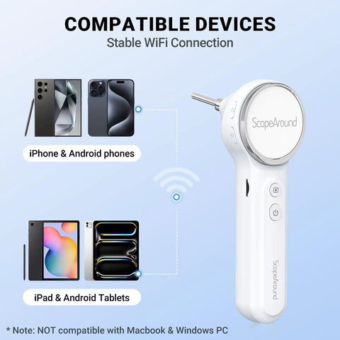 Wireless Digital Otoscope With Built In Screen And Lights For Easy At Home Ear Health Exams, Real Time Viewing, Portable Self Care Tool For Clear Ear Canal Inspections And Quick Self Diagnosis. White otoscope with WiFi compatibility for iPhone, Android, iPad, tablets.
