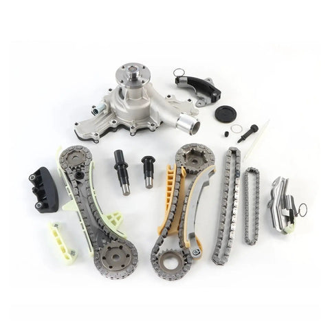 Premium Timing Chain Kit With Gears Plus Water Pump Replacement For 4.0L SOHC V6 Engines In Mazda And Mercury Cars Built Tough With Alloy To Last Miles Without Fail. timing chain kit with water pump, alloy metal parts laid out on white