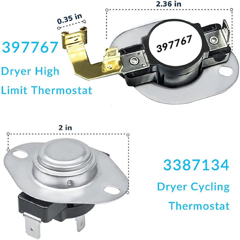 Dryer Heating Element Replacement with 397767 dryer high limit thermostat and 3387134 dryer cycling thermostat, detailed view.