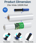 Two Pack Clear Stretch Wrap With Handle Dispenser 15 Inch By 1000 Feet Heavy Duty Industrial Packing Film 60 Gauge roll dimensions and handles