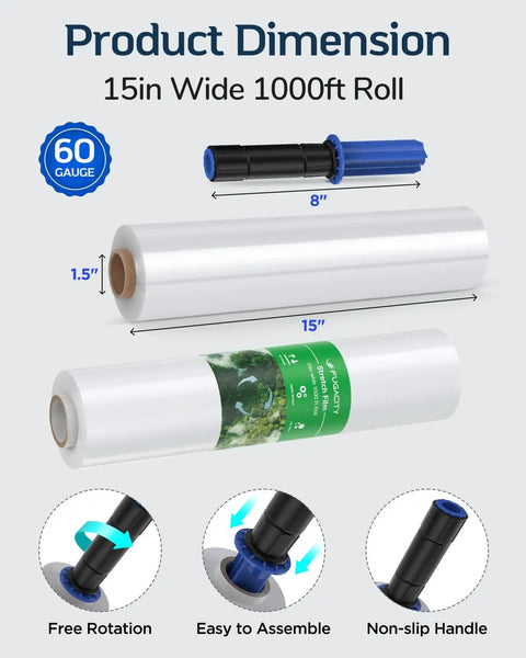 Two Pack Clear Stretch Wrap With Handle Dispenser 15 Inch By 1000 Feet Heavy Duty Industrial Packing Film 60 Gauge roll dimensions and handles