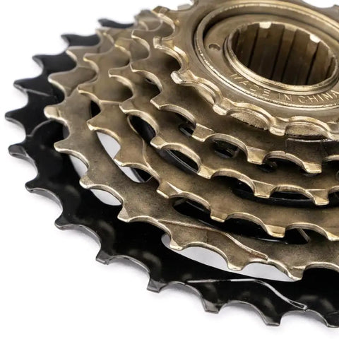 Solid Six Speed 14 To 28T Bicycle Freewheel With Threaded Type Freehub Replacement Part close-up on cogs