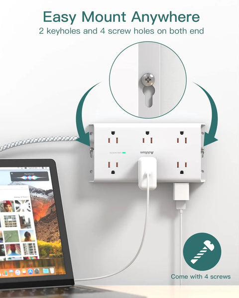 Surge Protector Power Strip With 12 Wide Outlets And 4 USB Ports Including USB C 5 Foot Extension Cord Flat Plug Wall Mountable ETL Listed