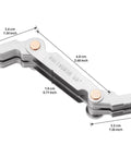 Side view of stainless steel 3-in-1 thread pitch gauge with locking hinge and metric 60°, Whitworth 55°, SAE 60°