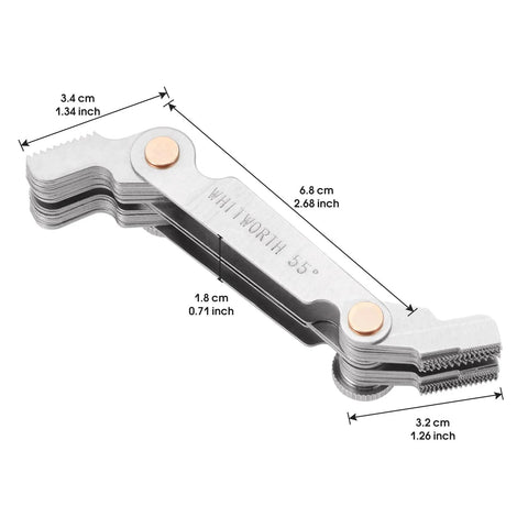 Side view of stainless steel 3-in-1 thread pitch gauge with locking hinge and metric 60°, Whitworth 55°, SAE 60°
