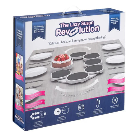 Expandable Lazy Susan Turntable In Dark Gray Full Set For Rectangular And Oblong Tables packaging on display