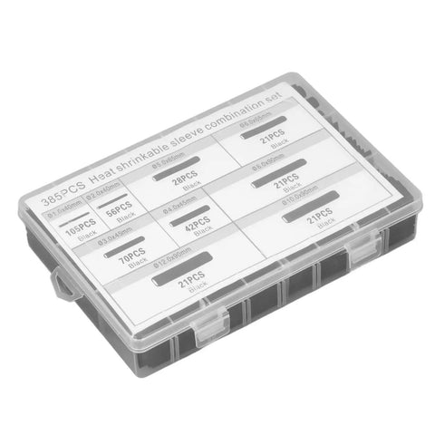 The Ultimate Heat Shrink Tubing Kit With 385 Pieces For Quick Cable Management And Electric Insulation Featuring Flame Retardant Wire Wrap Sets In Various Sizes Inside A Handy Storage Box For Serious Diy Projects And Professional Auto Repairs, plastic case