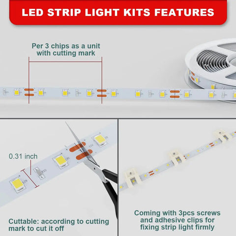 Bright White Sixteen Point Four Foot Dimmable LED Strip Lights Flexible Rope Kit showing cutting marks and adhesive clips