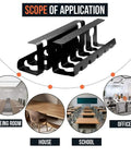 Image of Two Pack 15.75 Inch Under Desk Cable Management Tray Set with application examples for homes, offices, meeting rooms, and schools.