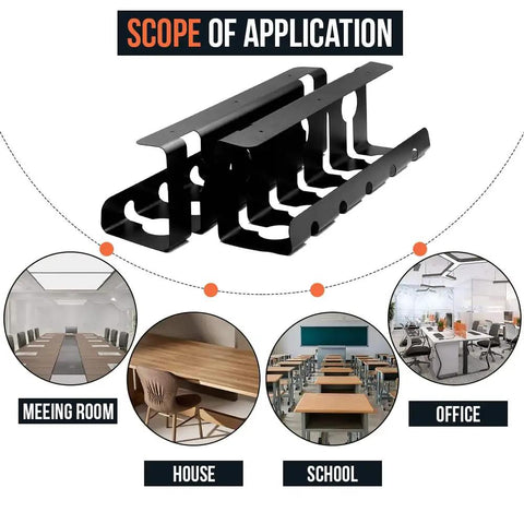 Image of Two Pack 15.75 Inch Under Desk Cable Management Tray Set with application examples for homes, offices, meeting rooms, and schools.