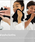 HOMEXCEL black microfiber washcloths, 12x12 in, 24-pack; three-panel collage showing cleansing use