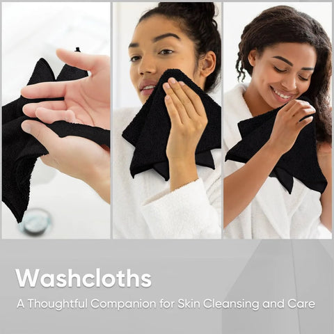 HOMEXCEL black microfiber washcloths, 12x12 in, 24-pack; three-panel collage showing cleansing use