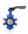 Front view of UNOX lug-type butterfly valve DN100 (4"), blue cast-iron body with EPDM gasket and black lever