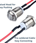 Two Pack 12mm Momentary Metal Waterproof Push Button Switch With Raised Head Half Inch Mounting Hole Pre Soldered Cable 250V 2A 1NO Built For Rugged Use For DIYers Outdoor Installations showing raised head and pre-soldered cables.