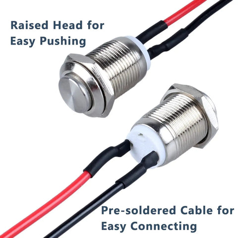 Two Pack 12mm Momentary Metal Waterproof Push Button Switch With Raised Head Half Inch Mounting Hole Pre Soldered Cable 250V 2A 1NO Built For Rugged Use For DIYers Outdoor Installations showing raised head and pre-soldered cables.