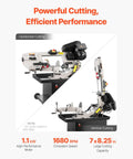 Heavy Duty Metal Horizontal Band Saw Built For Boss Level Tough Metal Wood And Plastic Cutting With 7 By 8.25 Inch Rectangular Capacity Dual 110 220V Power 1.1 kW Motor 0 To 45 Degree Angle Variable Speed showing horizontal and vertical cutting positions with specifications.