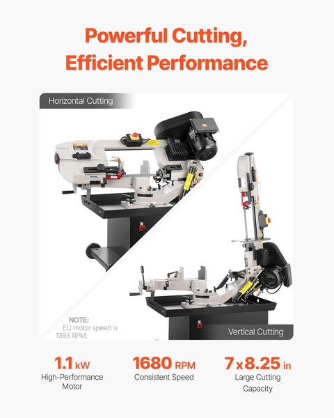 Heavy Duty Metal Horizontal Band Saw Built For Boss Level Tough Metal Wood And Plastic Cutting With 7 By 8.25 Inch Rectangular Capacity Dual 110 220V Power 1.1 kW Motor 0 To 45 Degree Angle Variable Speed showing horizontal and vertical cutting positions with specifications.