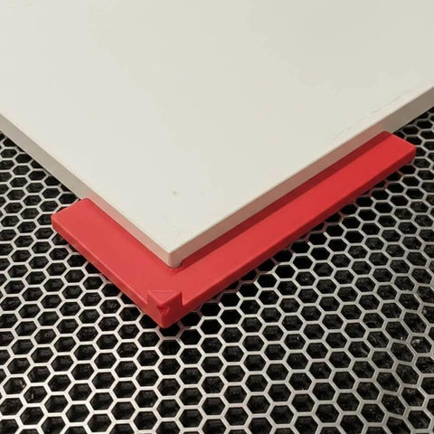 Red Seven Magnet 90 Degree Magnetic Square Corner Jig for laser beds on honeycomb surface, alignment tool visible