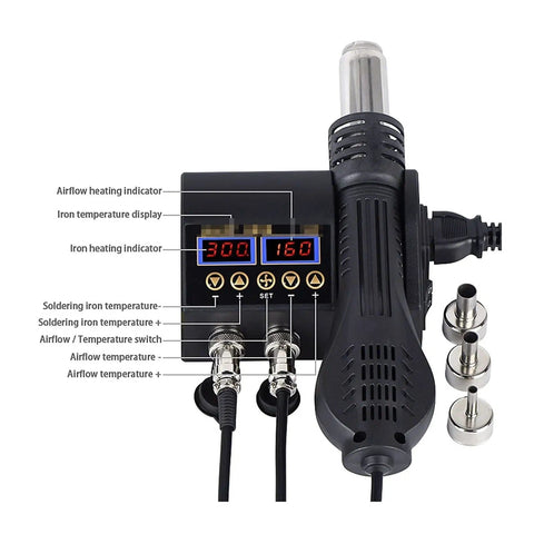 Pro Grade 2 in 1 Soldering Station With Hot Air Rework 800W, Dual LCD Displays, digital temperature control, and attachments
