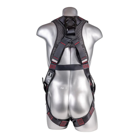 Back view of Fall Protection 5 Point Safety Harness With 1D Ring Quick Connect Buckle OSHA ANSI Compliant Size 3XL on a mannequin