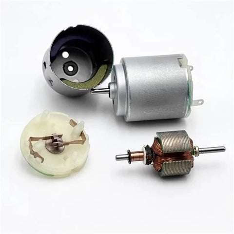 Disassembled Mini R260 Micro DC Motor 24mm with carbon brush, showing internal components, for DIY projects and stable performance