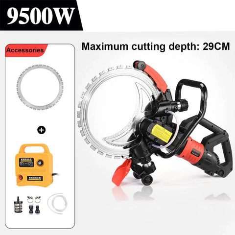 Heavy Duty Brushless Electric Concrete Saw And Wall Chaser Wet Saw 9500W with 290mm cutting depth and 3000 RPM for masonry jobs.