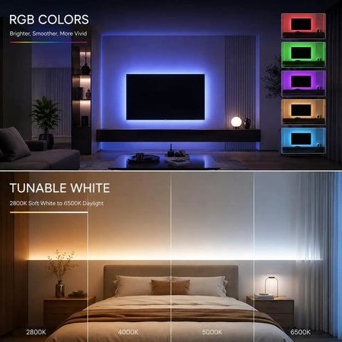 24V DC Color Changing RGBCCT Dotless COB LED Strip Lights showcasing RGB and tunable white settings in a living room.