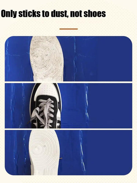Heavy Duty Adhesive Mats To Trap Dust And Grime Effortlessly Peel And Replace Sticky Floor Pads For Cleanrooms Clinics And Construction Sites No Sweat Cleanup 300 Sheets Roll showing shoe soles on blue mat.