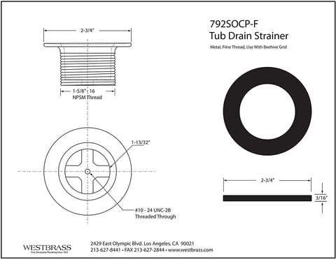 Top Shelf Polished Chrome Bath Tub Drain Body, dimensions and threading details for easy installation with standard fittings.