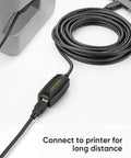Active USB 3.0 Extension Cable 16.4 Ft 5M with Signal Booster, coiled, showing connection to printer for VR setups and gaming PCs