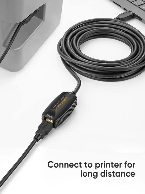 Active USB 3.0 Extension Cable 16.4 Ft 5M with Signal Booster, coiled, showing connection to printer for VR setups and gaming PCs