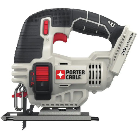 Shop Tested 20V Max Cordless Jigsaw With Built In Dust Blower From Porter Cable showing side view with adjustable blade clamp.