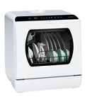Slick Portable Countertop Dishwasher For Apartments And Rvs sporting five tough wash cycles, compact design with glowing glass door.