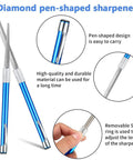 Diamond pen-shaped sharpener featuring a retractable design and durable material for convenient sharpening.