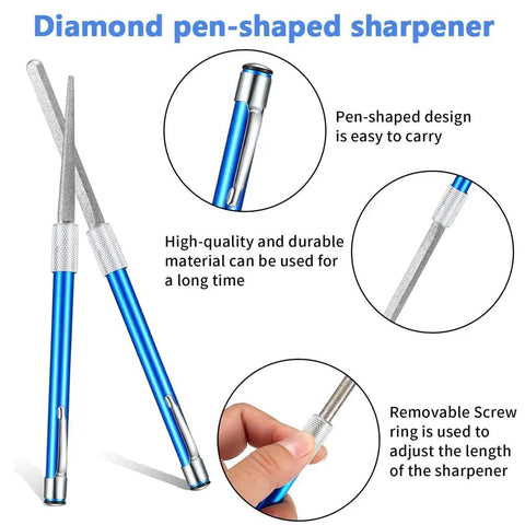 Diamond pen-shaped sharpener featuring a retractable design and durable material for convenient sharpening.