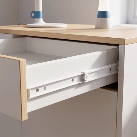 Heavy Duty Drawer Slide Kit With White Plastic And Metal Rails For Dresser Drawers And Baskets, Lightweight Design For Easy Install, Stable Support, Modern Aesthetic, Ideal Replacement Part For Reno Projects on white dresser drawer