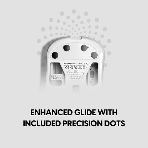 Wireless gaming mouse bottom view with precision dots for smooth tracking and enhanced glide features.