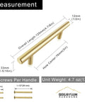 Solid Brass Cabinet Pulls 5 Pack in Brushed Gold Finish Euro Style T Bar Handles with 3 Inch Hole Center measurements shown