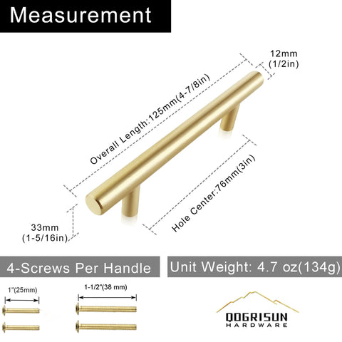 Solid Brass Cabinet Pulls 5 Pack in Brushed Gold Finish Euro Style T Bar Handles with 3 Inch Hole Center measurements shown
