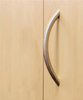 Transitional Tapered Curved Arch Drawer Handle Pull in Satin Nickel Finish installed on cabinet