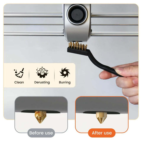 Person using copper wire brush from Pro Grade 3D Printer Nozzle Cleaning Kit With Soft Rubber Handle, 0.4mm Cleaning Needles And Copper Wire Brush.