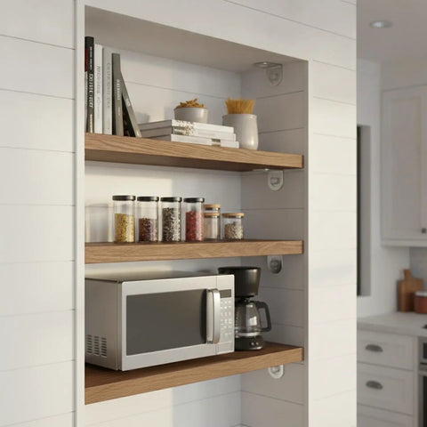 Bulletproof Stainless Steel L Shaped Shelf Brackets Heavy Duty Corner Supports For Cabinets And Shelves Holds Tight Without Wobbling Or Sagging Includes Mounting Screws Straightforward Install 10 Pack 5.9 By 4.7 Inch on wooden shelves holding kitchen items.