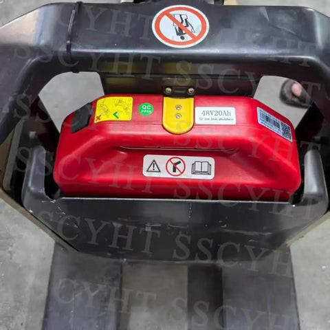 Upgrade Your PTE20N Electric Pallet Jack With This Rock Solid 48V 20AH LiFePO4 Lithium Battery Pack featuring compact design and safety indicators.