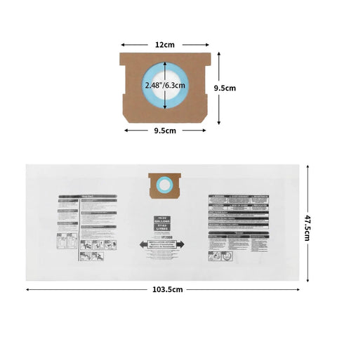 Image showing dimensions of Ultimate Bulk Vacuum Bag Kit For 15 To 22 Gallon Wet Dry Vacuums Type G 90663 9066300 Type J 90673 9067300 Plus VF2008 High Efficiency Disposable Dust Filter Bags 5 Pack Fits 2.48 Inch Inlets.