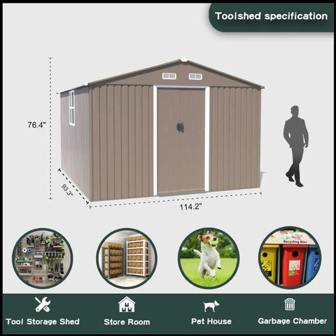 Diagram of Spacious 10x8 Foot Outdoor Storage Shed With Window And Lockable Doors, showing dimensions and usage icons.