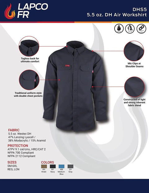 Mens Flame Resistant Work Shirt With Breathable Westex DH Air Fabric Built Tough For The Daily Grind Featuring Mic Loops Moisture Wicking Tagless Relief And Nomex Threaded Seams In Stone Gray, double chest pockets.