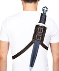 Back view of Old School Medieval Leather Back Sword Frog Holster For Renaissance Viking Warrior Costumes with sword in sheath on person's back.