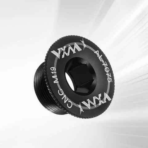 Close-up of Crank Cover Screw Set M19 for mountain bikes, showing black aluminum alloy screw with durable rustproof finish.