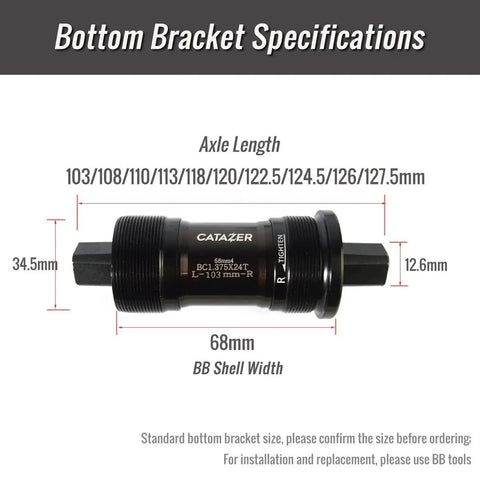 Beefy Square Taper Bottom Bracket 68mm Shell With 103 To 127.5mm Options Aluminum Alloy Body And Chromoly Spindle For Mountain And Road Bikes Lightweight Durable BB For Smooth Pedaling specifications diagram.