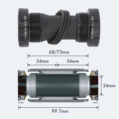 Diagram of MTB BSA bottom bracket dimensions from the 104 BCD Four Arm Mountain Bike Crankset with various specifications.